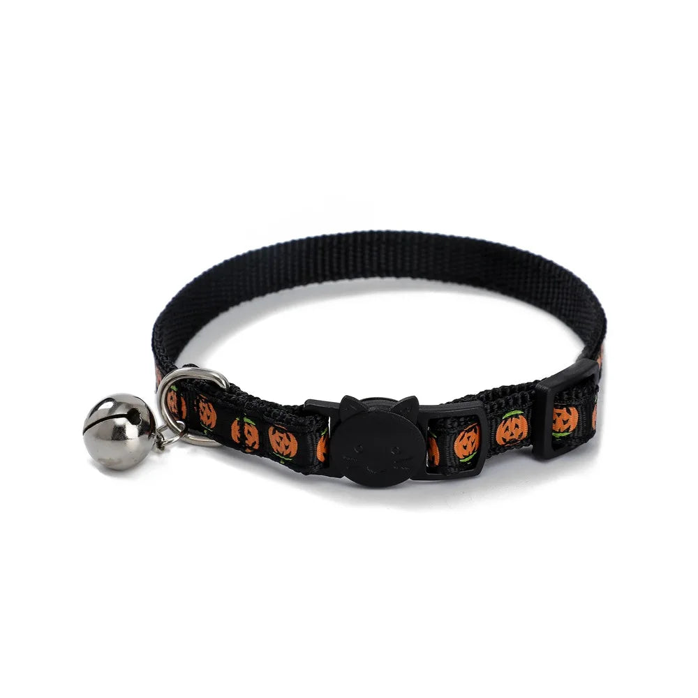 1PC Adjustable Quick Release Cat Collars with Bells Pumpkin Skull Themed Puppy Collar for Small Large Pet Halloween