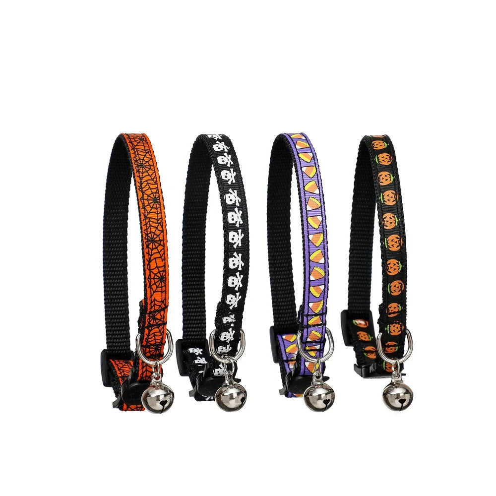 1PC Adjustable Quick Release Cat Collars with Bells Pumpkin Skull Themed Puppy Collar for Small Large Pet Halloween