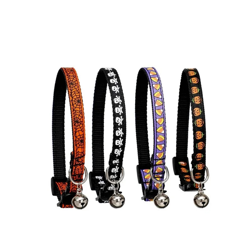 1PC Adjustable Quick Release Cat Collars with Bells Pumpkin Skull Themed Puppy Collar for Small Large Pet Halloween