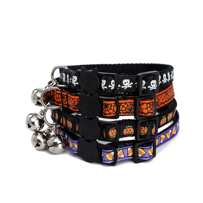 1PC Adjustable Quick Release Cat Collars with Bells Pumpkin Skull Themed Puppy Collar for Small Large Pet Halloween